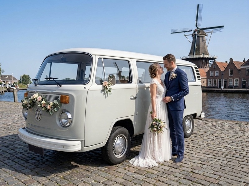graue volkswagen Bulli Hochzeitsauto